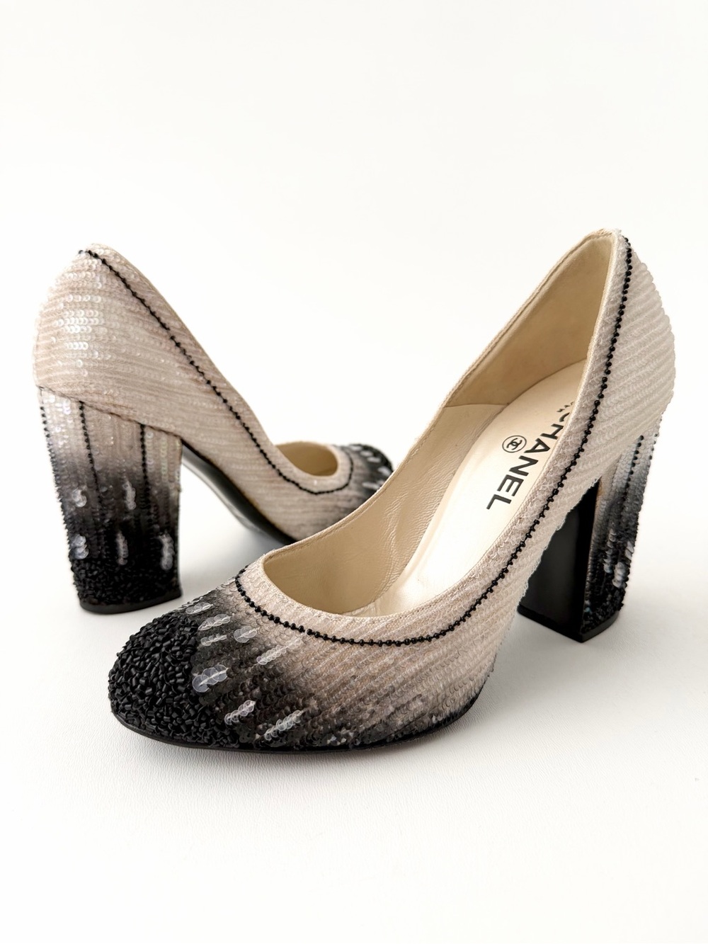 CHANEL | Vintage Sequin Embellished Pumps Black Ivory Gradient Heels 2009 EU 39